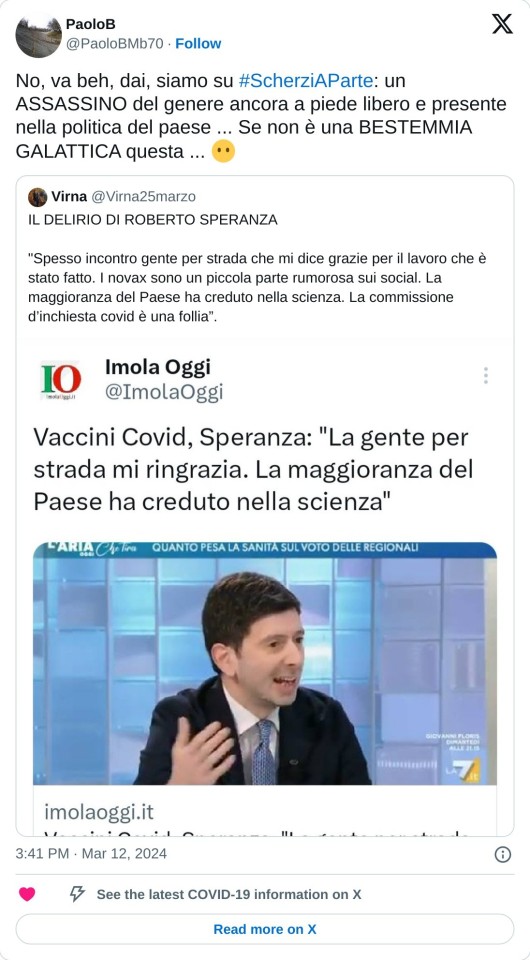 No, va beh, dai, siamo su #ScherziAParte: un ASSASSINO del genere ancora a piede libero e presente nella politica del paese ... Se non è una BESTEMMIA GALATTICA questa ... 😶 https://t.co/YYw6nBD4T7  — PaoloB (@PaoloBMb70) March 12, 2024