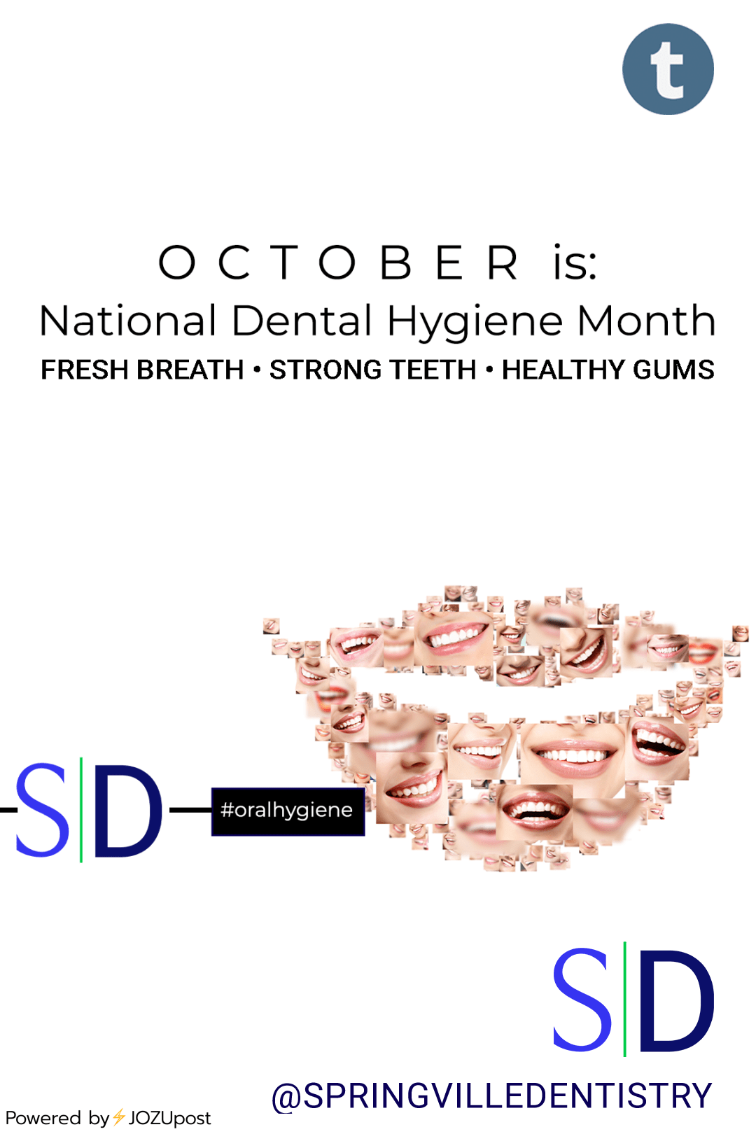 October is National Dental Hygiene Month. Fresh breath, Strong Teeth and Healthy Gums are all part of Oral Health.
Call Springville Dentistry to set up your next cleaning and checkup appointment.
Phone: 801-489-9456 |...