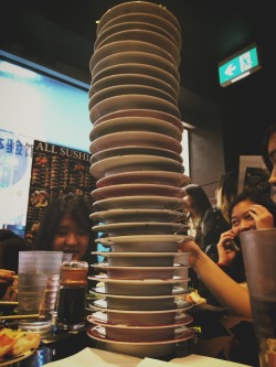 oknope:  so yesterday me and my friends went to eat sushi and we made plate tower. it was so tall