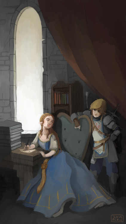 alf-l: Link and Zelda inside the study in the style of a rococco (-kinda?) painting Time for a redra