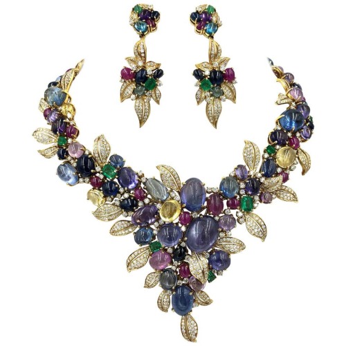 vysjewelry:Sapphire, diamond, emerald, ruby, and gold floral jewelry set (at 1stdibs)