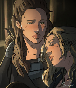 summerfelldraws:  okay but please consider: after they escape from the pauna, an exhausted clarke collapses on lexa, and it’s awkward and cute and gay for a moment, and then lexa would gently lay clarke on her side and stand watch all night 