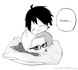 orerishu:  Baby Yama fell asleep on Baby Tsukki’s head~ (✿´ ꒳ ` ) 