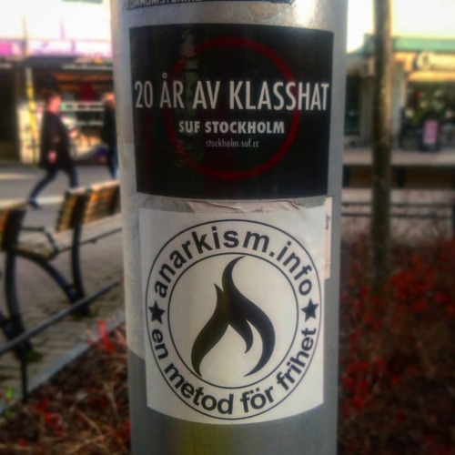 Anarchist stickers seen around Stockholm, Sweden