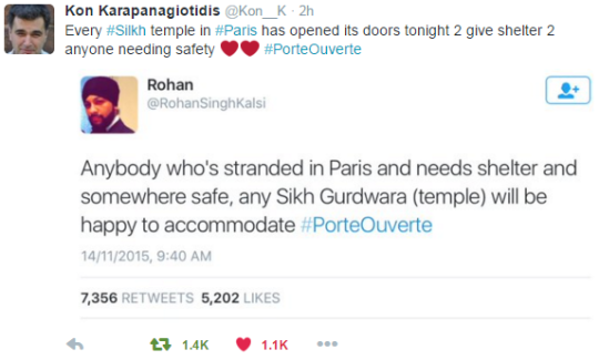 theblacklittlemermaid:  dezfez:   All Sikh Temples in Paris have opened their doors to victims of the attack/those seeking safety and shelter and are using twitter hashtag #PorteOuverte, please signal boost this so people are aware  IMPORTANT! 