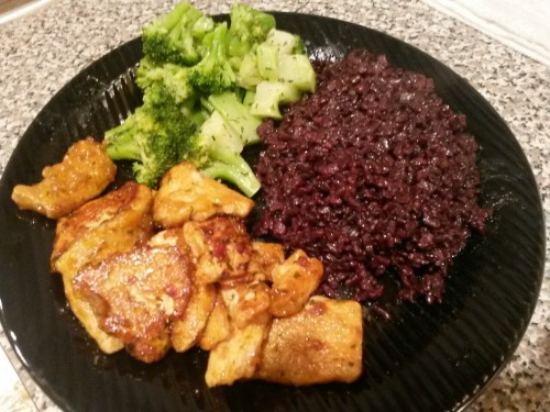 Mandarin Orange Gardein Chick'n. Black Japonica Rice Broccoli w/ tarragon, oregano, &amp; lemon 