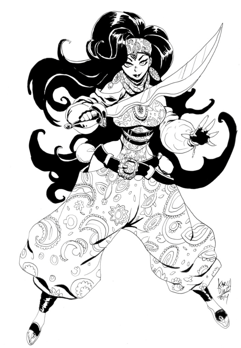 karladiazc:Inks for a commission, Talim from Soul Calibur 4 and an arabic pirate
