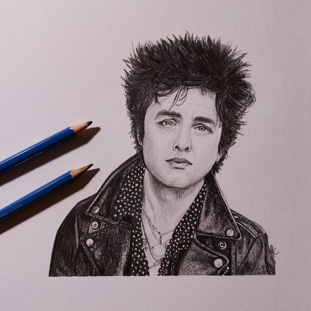 A pencil portrait of Billie Joe Armstrong