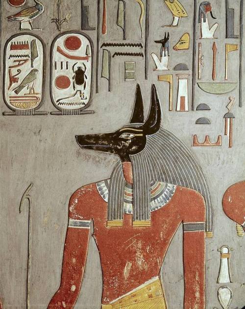 Painting of AnubisWall painting depicting the jackal-headed god Anubis, detail from the Tomb of Hore