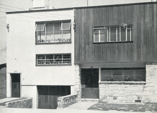 vintagehomeplans:Colombia, 1946: Houses in BogotaA pair of individually designed modern rowhouses. I