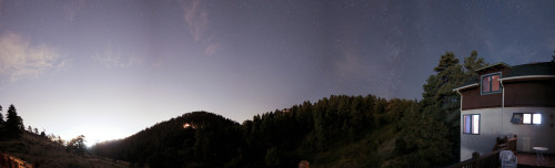 A 16 photo stitched panorama taken from the deck of my home. Denver is the overexposed bit.  I&rsquo