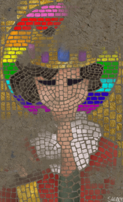[ID: two images of the same mosaic-like painting of twitch streamer eret, wearing a crown and holding a golden sword. there is...