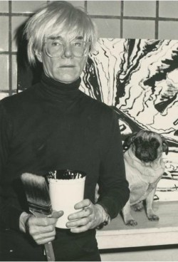 synthot:  Andy Warhol with Brigid Berlin’s pug at his studio, c. 1985