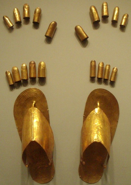 Egyptian Sheet gold finger and toe coverings, plus sandals, from the tomb of three