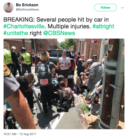 revolutionarykoolaid:  revolutionarykoolaid: revolutionarykoolaid:  revolutionarykoolaid: BREAKING NOW (8/12/17): Neo-nazis are now using vehicles to attack anti-fascist protesters in Charlottesville. Unclear how many were injured, but it appears very