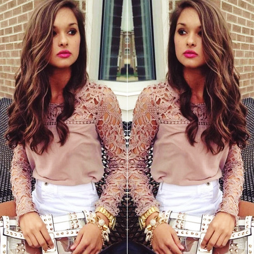 slapping:  Coffee Long Sleeve Hollow Lace Chiffon Blouse