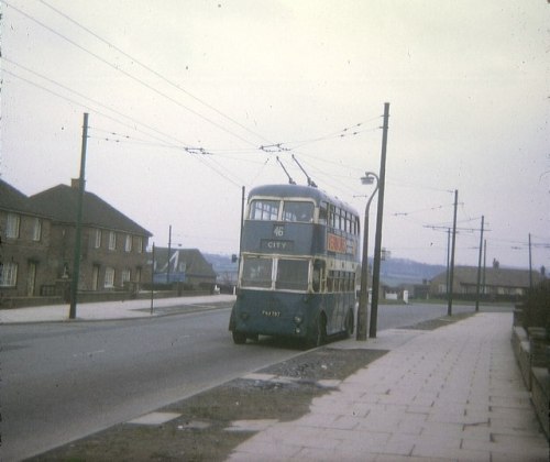 Trolleybus at Buttershaw terminus, Bradford, 1969