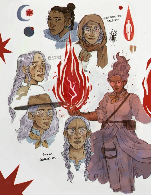digitally coloured sketch pages of various characters from critical role. the first image has four portraits of Imogen, wearing a hat, with her hair in braids, and one with a scarf on her head and saying "that's above your pay-grade". there's also one sketch of Liliana, and an unimpressed Beau, and a shins-up drawing of Imogen cast in red and purple light with red lightning and flames in her hands, her hair flying up in the air and an intense look on her face. there's moons and red stars and notes scattered on the page.