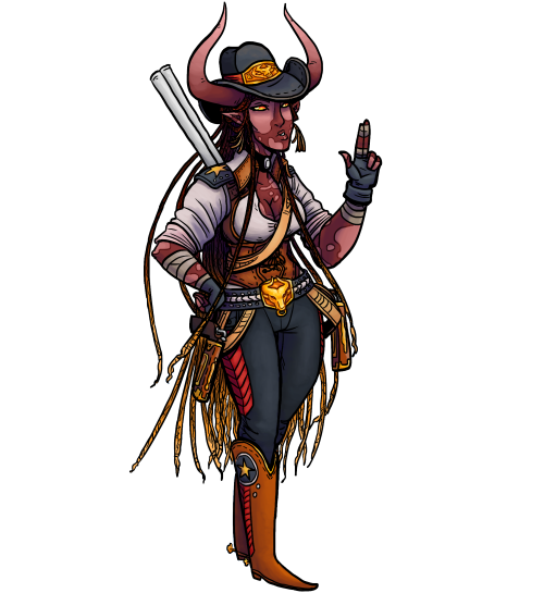 My dnd tiefling, Heffa, and here obsidian ox figurine, Cruise. Wanted a to make badass cowgirl who’s