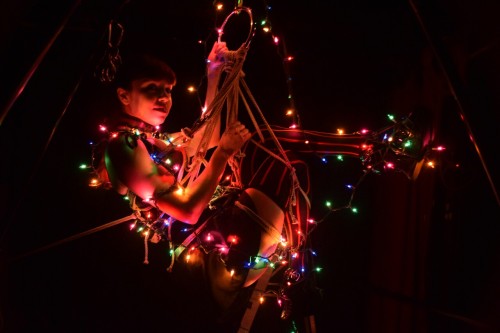 rope-by-killianz:  Rigging at Sin-O-Matic in Boston. Figured I would go with Christmas lights to spice things up for the season.   Pictures by the club photographer Hangman Judas.  Rope by me. 