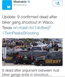 krxs10:  Funny how two rival biker gangs can have a full blown shootout in the front of a supermarket that leaves 18 injured and 9 dead  and not be killed, shot at, tased, chased, tear gassed, or even hand cuffed but if a few minorities gather together