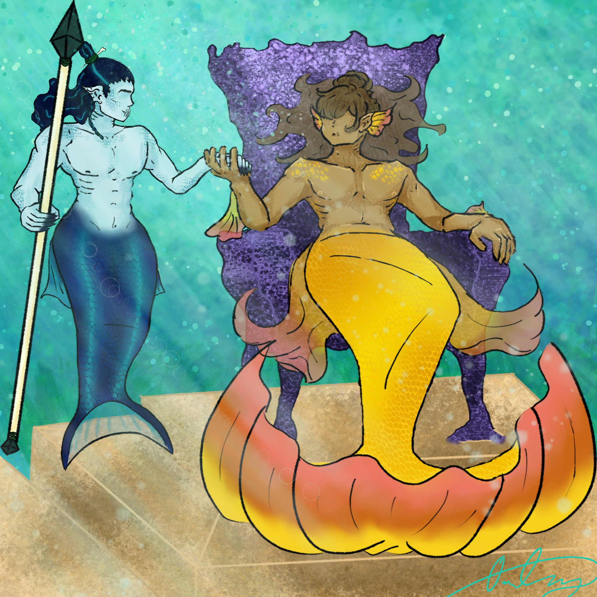 Regal gold and yellow mer Shang Qinghua sits on a dark coral throne, with Mobei Jun holding his hand from beneath, escorting and supporting him. In his other hand, Mobei carries a spear. The two of them are facing their people, but looking at one another. They are finally on the same page together, and they're going to stay there.