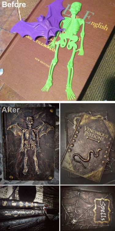 dinolich:  berrykoolaid:  mszombi:  halloweencrafts:  DIY Spell and Potion Book Tutorial from Better After. This is a really good tutorial using plastic toys, a glue gun, cardstock, paper towels etc… This DIY is based on a tutorial by SEEING THINGS -