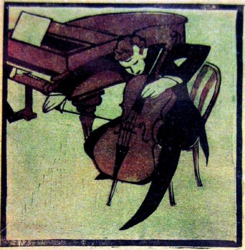 The Cellist   -    George Bell c. 1920Australian, 1878-1966Colour linocut,  18.5 x 18.5 cm