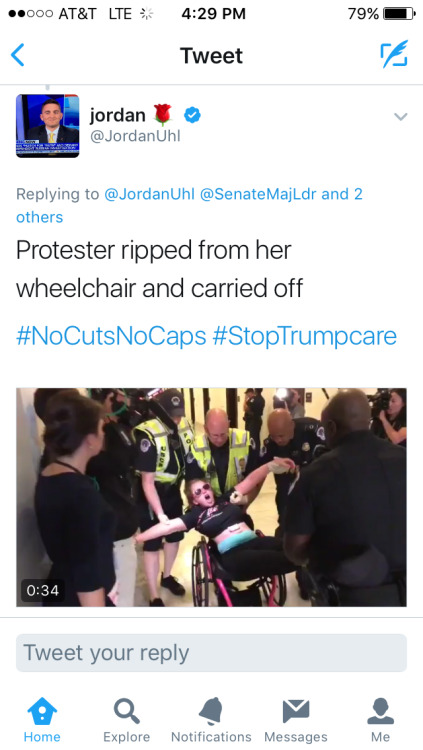 progressivefriends:  mysticben: Disabled and chronically ill Americans protesting the repeal of the affordable care act today outside senate majority leader Mitch McConnell’s office, June 22nd. The response? Capitol police violently moving them as always.