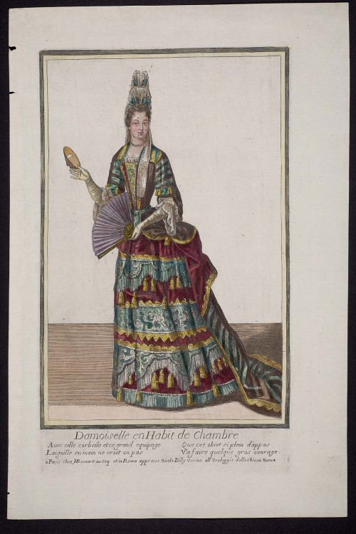 Late 17th-century fashions1. Dame, French, by engraver Henri Bonnart, with a servant carrying train 