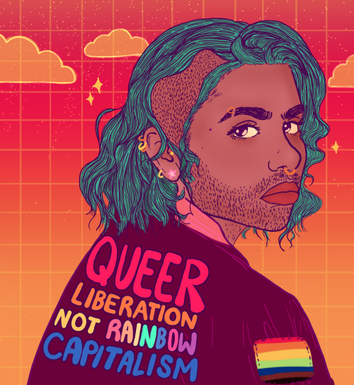 liberaljane:Queer Liberation Not Rainbow Capitalism[Image of a brown person with teal hair and gold 