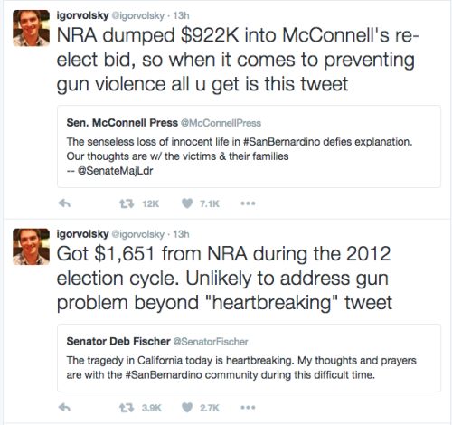 solarsematary:  kateoplis:  think-progress:  Lawmakers Offer ‘Prayers’ For Mass Shooting Victims, Receive Large Checks From The NRA Following Wednesday afternoon’s mass shooting in San Bernardino, California, which left at least 14 people dead,