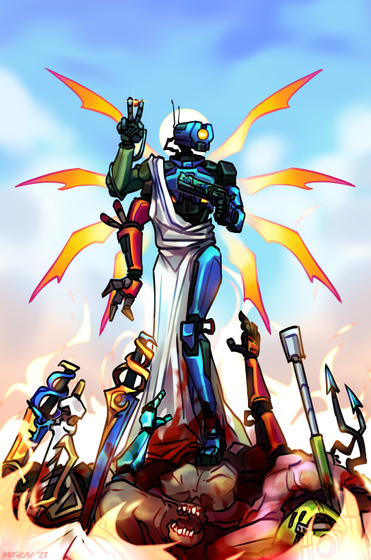 digital drawing of V1 from ULTRAKILL standing on a pile of flaming corpses with a white cloth draped around one of their shoulders and their hips, and their wings spread. They have two arms on their right side, the whiplash held up and holding a coin, and the knuckleblaster held below; they're holding the slab revolver in their left hand. and a Sentry gun.
Amid the pile of husk corpses are Gabriel's two swords, the Ferryman's oar, a Mindflayer's hand and tentacles, and V2's arm reaching out to grab V1's leg.
The background depicts a cloudy sky in mid-day.