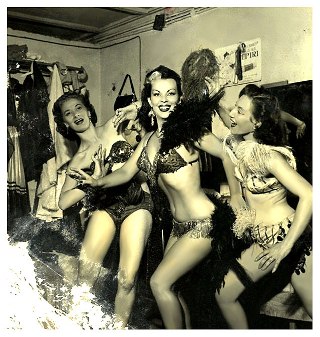 Vintage 50’s-era photograph captures Tongolele posing with a pair of fellow showgirls,