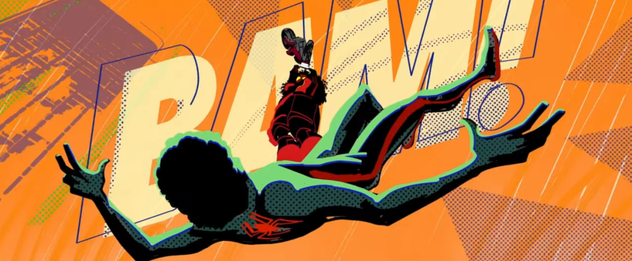 Miles, a teenager in a superhero suit, is knocked backwards by Jess, a pregnant woman in a superhero suit, silhouetted against an orange comic background with "BAM!" in comic style letters behind them.