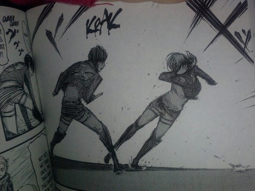 journeynotintothewildwoods:  potentiallyharmful:  you-put-your-left-armin:  I want you to take a look at something I noticed while reading the manga. As Annie fights Eren in the traing camps, she covers her neck. Out of habit, probably. And no one seemed