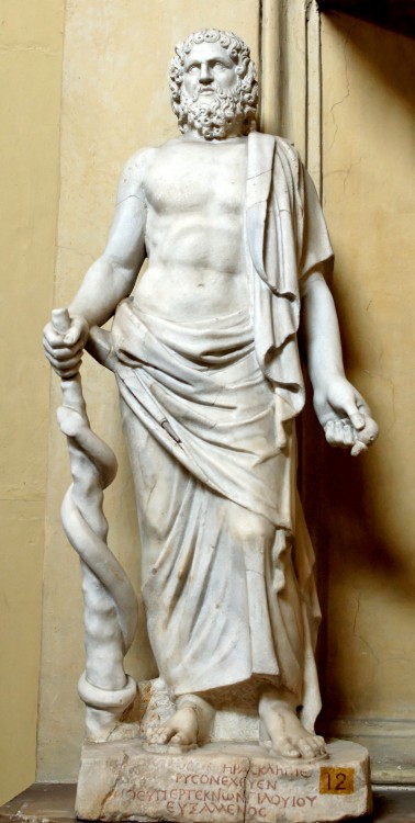 ancientart:Asklepios. Marble, Roman copy after a Greek original of the 5th century BC. The inscripti