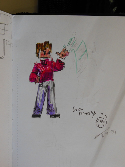 a coloured marker doodle of grian. he has a stylised depiction of a hotbar beside him.
next to the doodle is a hastily written 'grian minecraft' with a shocked face