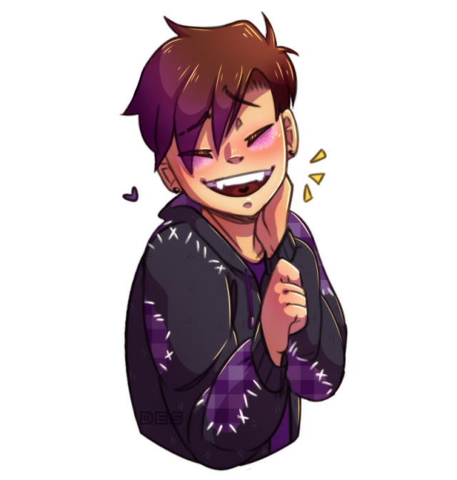 Virgil from Sanders Sides. He is smiling brightly, his usually dark eyeshadow now glowing a pinkish purple.