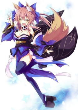 フェイト・シリーズ、フェイト/エクストラ、caster (fate/extra)、hizaka、高解像度、★、ボー、リボン、ヘアボー、ヘアリボン、ロングヘア、ツインテール、サイハイソックス、fox shadow puppet、一人、乳、全身、分離袖、和服、女一人、尻尾、牙、狐尻尾、狐耳、獣耳、白い背景、カメラ目線、縛られた髪、肩出し、胸の谷間、茶髪、鎖骨、開口、ピンクの髪、髪飾り、黄色目