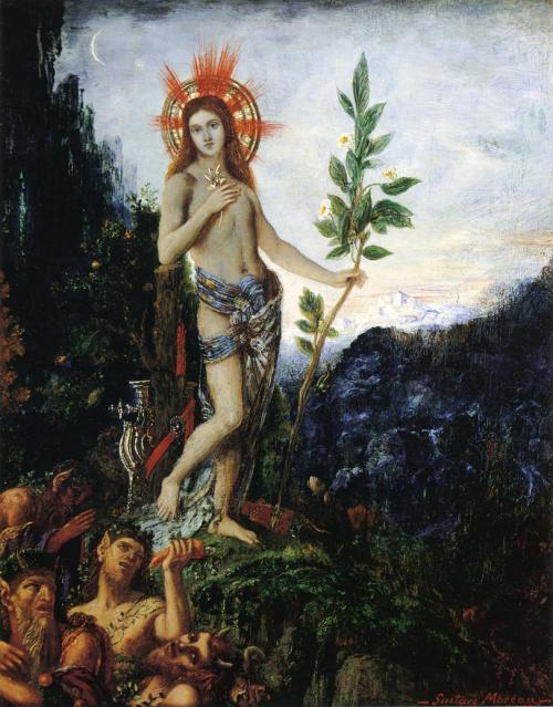 didoofcarthage:Apollo and the Satyrs by Gustave Moreauc. 1893-1895oil on panelprivate collection 