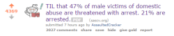 saccharinecyanide:  cishetwhiteoppressor:  Male Victims Of Domestic Abuse Share Their StoriesReddit post  47% of male victims of domestic abuse are threatened with arrest. 21% are arrested.    70% of non reciprocal violence is committed by women  221