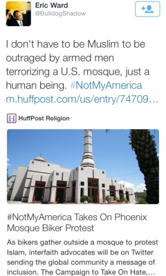 krxs10:  !!!!!!!!!!!!!!!!!!!!!! ATTENTION !!!!!!!!!!!!!!!!!!!White Supremacist Bikers Are Gathering Together In Anti-Muslim Protest Outside Arizona Mosque   PHOENIX (Reuters) - About 75 protesters gathered on Friday in Arizona outside a mosque for an