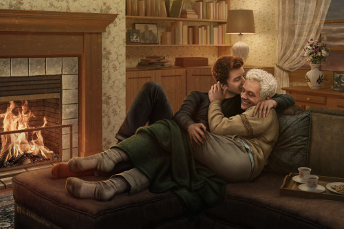 Commission for the loveliest @emsiecat who wanted a warm and cozy edit of Aziraphale and Crowley hap