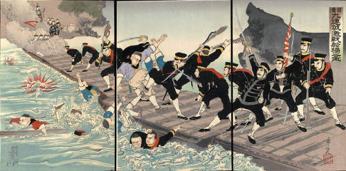Japanese depiction of the Battle of the bridge at Jiuliancheng, 1894. This battle, on the Yalu River