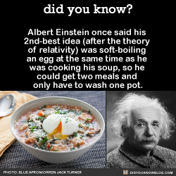 did-you-kno:Albert Einstein once said his  2nd-best idea (after the theory  of relativity) was soft-boiling  an egg at the same time as he  was cooking his soup, so he  could get two meals and  only have to wash one pot.  Source Source 2