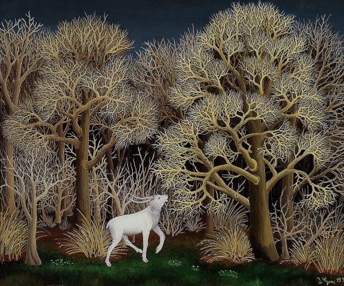 White Deer.1956.Oil on glass.Art by Ivan Generalic.(1914-1992).