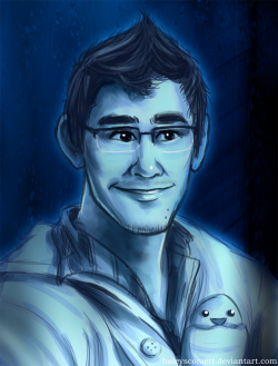 haleyscomett-art:  Semi-realistic messy doodle of Mark in his chicken suit that he wore during the livestream earlier today. This went from a simple doodle to portrait practice to messing around with colors in photoshop. Please excuse my crazy use of