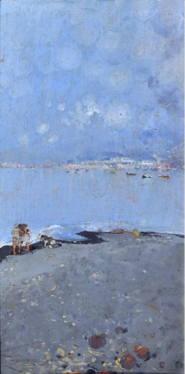Casciaro Giuseppe (Ortelle, LE 1863 - Napoli 1941) Veduta di Napoli dalla spiaggia, olio su tavola, 