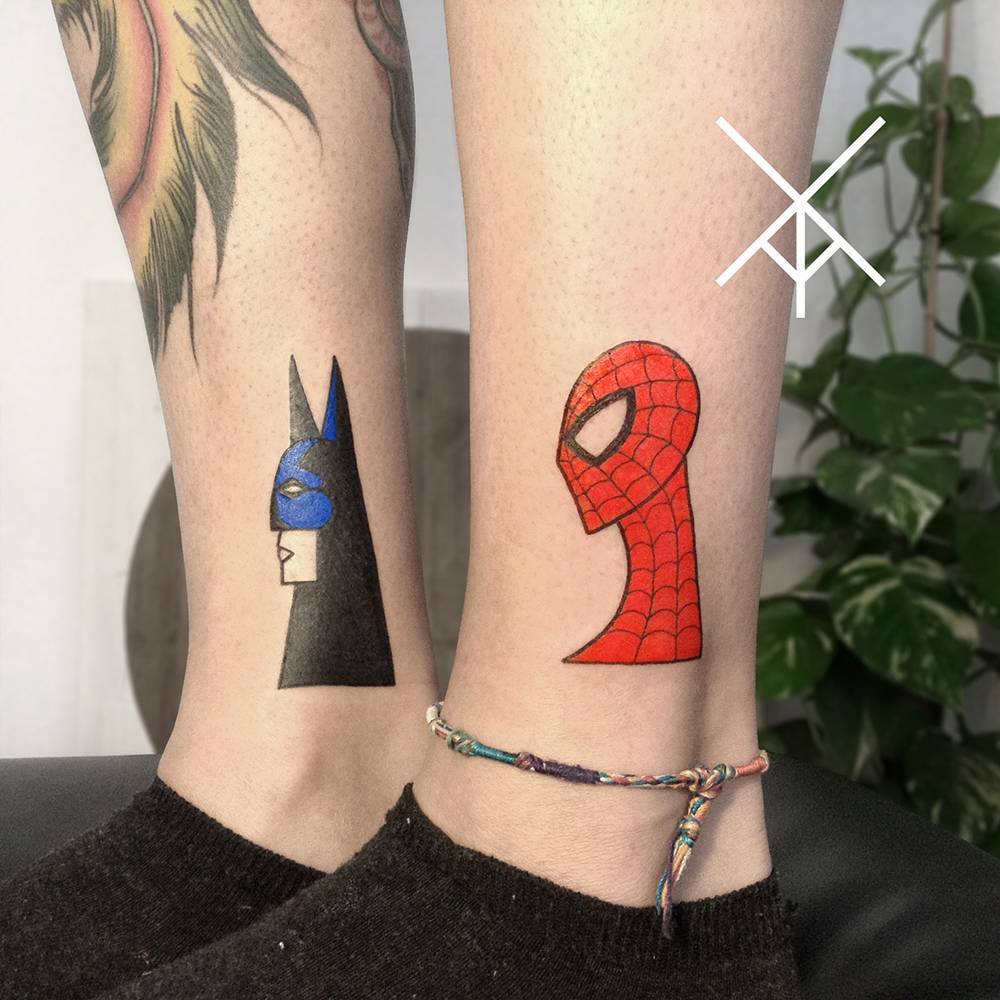 Little Tattoos — Batman and Spiderman illustrations on the ankle....